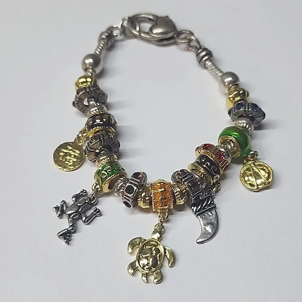 European Style Charm Bracelet Full of Charms Two Stopper Beads Turtle Frog